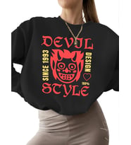 bisiklet yaka kalın Sweatshirt Sweatshirt erkek 3 iplik şardonlu unisex Şeytan stili - sokak giyimi (Siyah)