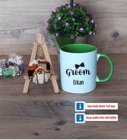 Groom Kupa Bardak Beyaz ve Fotoğraflı Ahşap Anahtarlık Hediye (Model 14)