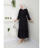 Krep Kumaş Omuz Fırfırlı Elbise (Siyah)