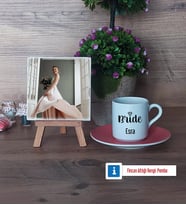 Bride Fotoğraflı Dekoratif Taş, Ahşap Altlıklı Türk Kahvesi Fincanı Hediye (Model 6)