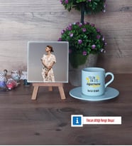 Öğretmene Hediye Fotoğraflı Dekoratif Taş, Ahşap Altlıklı Türk Kahvesi Fincanı Hediye (Model 2)