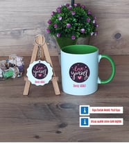 Love Yourself Kupa Bardak Kırmızı ve Ahşap Anahtarlık Hediye (Model 13)