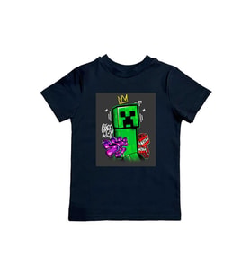 Minecraft baskılı pamuklu penye kumaş yazlık çocuk tişört (Siyah)