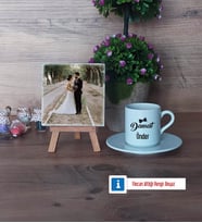 Damat Fotoğraflı Dekoratif Taş, Ahşap Altlıklı Türk Kahvesi Fincanı Hediye (Model 2)