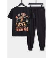 Unisex Love Yourself Baskılı 2'li Eşofman Takımı (Siyah)
