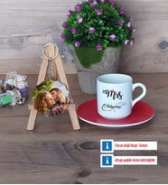 Eşe Hediye Mrs Türk Kahvesi Fincanı Ahşap Altlıklı ve Fotoğraflı Ahşap Anahtarlık Hediye Yıl Dönümü Hediyesi (Model 3)