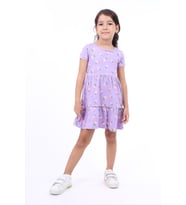 Toontoy Kız Çocuk Bisiklet Yaka Komple Çilek Baskılı Elbise (Lila)
