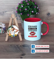 Kadın Öğretmene Hediye Kupa Bardak Beyaz ve Fotoğraflı Ahşap Anahtarlık Hediye (Model 2)