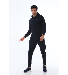 Erkek İki İplik Kumaş Sweatshirt Kapüşonlu Bel Lastikli Eşofman Takımı - 7720 (Lacivert)