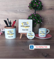 Doğum Günü Hediyesi Hediye Seti Dekoratif Taş, Kalemlik, Ahşap Altlıklı Türk Kahvesi Fincanı, Ahşap Anahtarlık Hediye (Model 6)