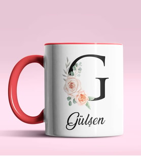 Kişiye Özel G Harfi Temalı Gül Tasarım Siyah Renk Kupa (Kırmızı)