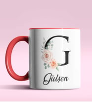 Kişiye Özel G Harfi Temalı Gül Tasarım Siyah Renk Kupa (Kırmızı)