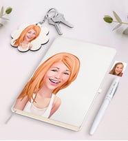 BK Gift Kişiye Özel Bayan Karikatürlü Siyah Defter Kalem Ve Anahtarlık Hediye Seti-37 (Model 2)