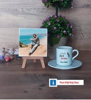 Tarih Öğretmeni Fotoğraflı Dekoratif Taş, Ahşap Altlıklı Türk Kahvesi Fincanı Hediye (Model 2)