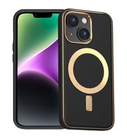 Apple iPhone 13 Kılıf Gold Magsafe Wireless Kablosuz Şarj Uyum Suni Deri Hibrit Kapak (Siyah)