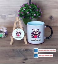 Sevimli Panda Kupa Bardak Kırmızı ve Ahşap Anahtarlık Hediye (Model 8)