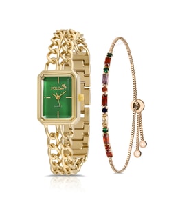 Polo Air Vintage Zincir Kordon Kadın Kol Saati Zirkon Taşlı Renkli Bileklik Kombin PL-1503B (Gold-Yeşil)