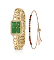 Polo Air Vintage Zincir Kordon Kadın Kol Saati Zirkon Taşlı Renkli Bileklik Kombin PL-1503B (Gold-Yeşil)