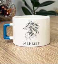 Kişiye Özel Etnik Kurt Hediye Lüks Fincan Babaya Sevgiliye Hediye (Mavi)