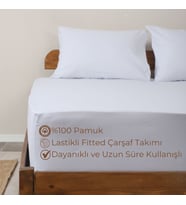 Lastikli Çarşaf Takımı Pamuklu Dokuma Kumaş Fitted Yastık Kılıflı (Beyaz)