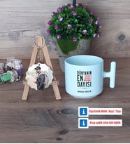Dayıya Hediye Kupa Bardak Beyaz ve Fotoğraflı Ahşap Anahtarlık Hediye (Model 12)