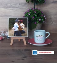 Anneye Hediye Fotoğraflı Dekoratif Taş, Ahşap Altlıklı Türk Kahvesi Fincanı Hediye (Model 6)