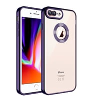 Apple iPhone 7 Plus Kılıf Logo Yeri Açık Kamera Lens Korumalı Renkli Kenarlı Şeffaf Silikon (Mor)