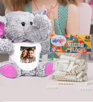 Kişiye Özel Peluş Pembe Fil Ve Renkli Micro Blocks Lego (Beyaz)