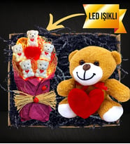Led Işıklı Kalpli Tatlı Ayıcıklar Buketi & Kalpli Peluş Ayıcık (Fuşya)