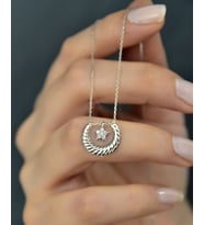 Papatya Silver 925 Ayar Gümüş Beyaz Taşlı Yıldız Detaylı Çizgili Hilal Kolye (Gümüş)
