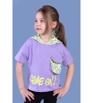 Toontoy Kız Çocuk Cep Detaylı Kapüşonlu Baskılı Tişört (Lila)