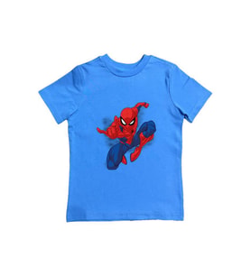 Spiderman baskılı örümcek adam pamuklu penye kumaş yazlık çocuk tişört (Mavi)