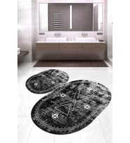 Dijital Baskılı Kaymaz Taban Yıkanabilir Oval 2'li Klozet Takımı Banyo Paspası NOKZ-SD-1030 (Siyah)