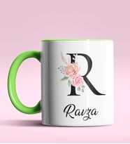 Kişiye Özel R Harfi Temalı Gül Tasarım Siyah Renk Kupa (Yeşil)