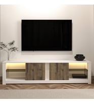 Aydos LED Işıklı Modern TV Sehpası – Cam Raflı, 2 Kapaklı, 180 cm, Beyaz/Antik Ceviz