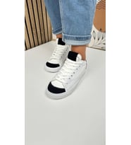 Günlük Kadın Sneaker Bağcıklı Tırtık Taban Süet Detaylı Yürüyüş Spor Ayakkabı 07 (Beyaz-Siyah)