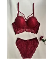Kadın Dantelli Desteksiz Bralet Sütyen Takım (Bordo)