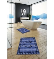 EVDEYA Baskılı Yıkanabilir Çerçeveli Ayak İzi Desenli İkili Banyo Halısı Klozet Takımı, KLOZET-19-BEYAZ, (Mavi)