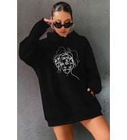 Unisex Woman one line Baskılı Sweatshirt (Siyah)