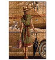 Cakapuzzle Yeşil Elbiseli Kadın Araba ve Uçak Puzzle Yapboz MDF (Ahşap) (500 Parça)