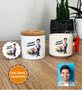 Kişiye Özel Karikatürlü Emlakçı Hediye Seti T Kupa, Kalemlik, Anahtarlık Emlakçı Hediyeleri (Turuncu)