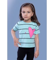 Toontoy Kız Çocuk Çizgli Kalp Baskılı Taş İşlemeli Tişört (Su Yeşili)