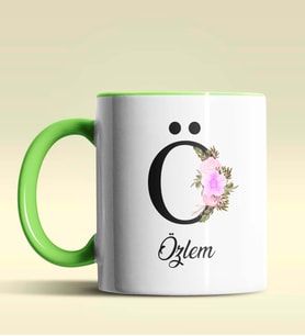 Kişiye Özel Ö Harfi Temalı Çiçekli Tasarım Siyah Renk Kupa (Yeşil)