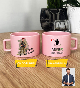 Kişiye Özel Karikatürlü Asker Pastel Fincan Askere Hediye Asker Sevgiliye Hediye (Pembe)