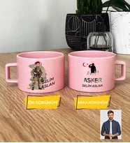 Kişiye Özel Karikatürlü Asker Pastel Fincan Askere Hediye Asker Sevgiliye Hediye (Pembe)