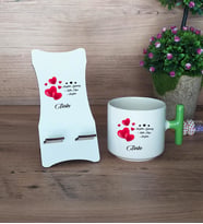Sevgiliye Hediye Hediye Sepeti Kupa Bardak T Kulplu ve Ahşap Telefon Standı Sevgililer Günü Hediyesi (Model 8)
