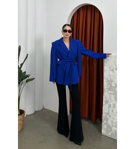 Kadın Oversize Blazer Ceket Kuşaklı Omuz Detaylı (Saks Mavisi)