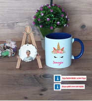 Unicorn Kupa Bardak Beyaz ve Fotoğraflı Ahşap Anahtarlık Hediye (Model 3)