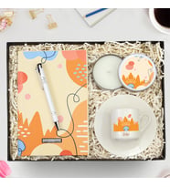 Kişiye Özel Tasarım Defter & Gümüş Renk Detaylı Beyaz Tükenmez Kalem & Beyaz Metal Kutulu Mum & Kişiye Özel Fincan Hediye Seti (Model 6)