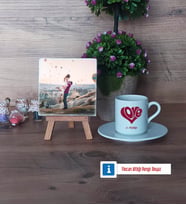 Sevgiliye Hediye Fotoğraflı Dekoratif Taş, Ahşap Altlıklı Türk Kahvesi Fincanı Hediye (Model 2)